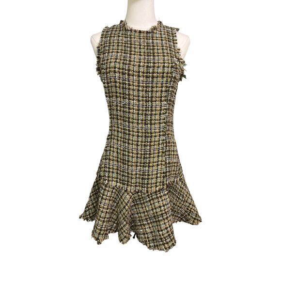 En Saison Tweed Sleeveless Dress Size S Raw Edge Flounce Hem Olive NWT - Picture 1 of 9